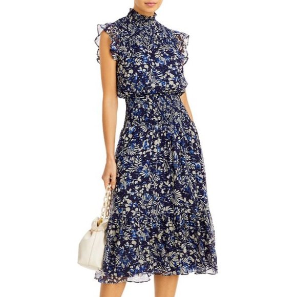 AQUA Floral Smocked Sleeveless Midi Dress - NWT Blue - Small - Picture 4 of 4